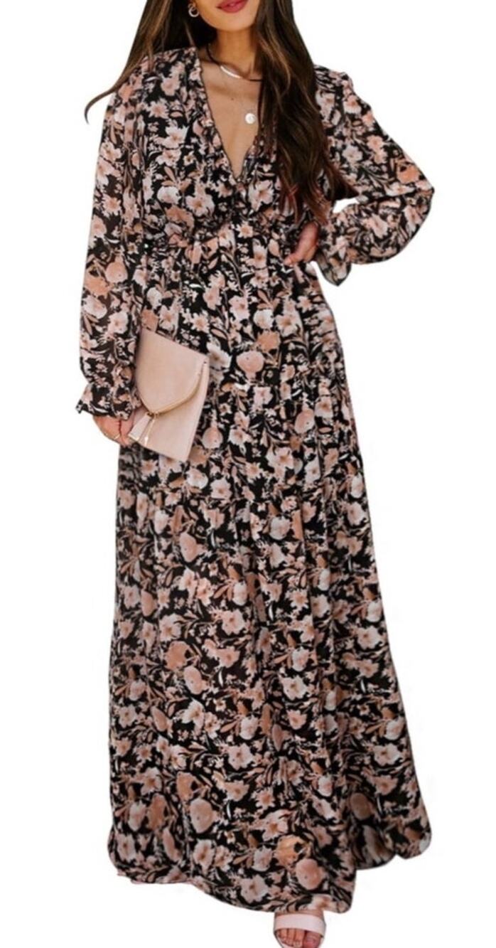 NWT Black Floral Long Sleeve Relaxed Fit Ruffle Layered Maternity Maxi Dress XL